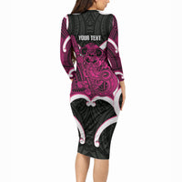 Mawhero Aotearoa Atua Tumatauenga Personalised Long Sleeve Bodycon Dress Maori God Of War Tiki With Taiaha LT14 - Polynesian Pride