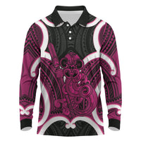 Mawhero Aotearoa Atua Tumatauenga Personalised Long Sleeve Polo Shirt Maori God Of War Tiki With Taiaha LT14 Pink - Polynesian Pride