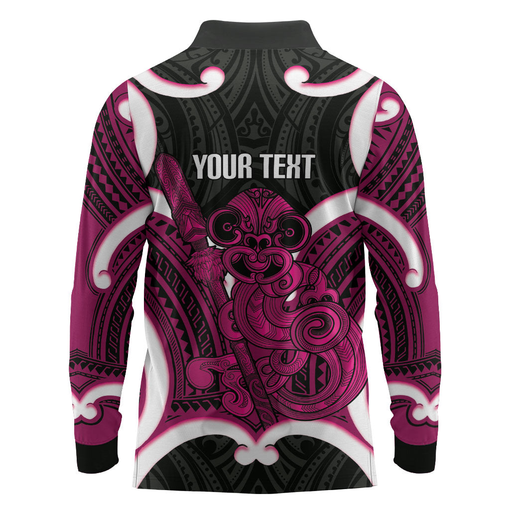 Mawhero Aotearoa Atua Tumatauenga Personalised Long Sleeve Polo Shirt Maori God Of War Tiki With Taiaha LT14 - Polynesian Pride