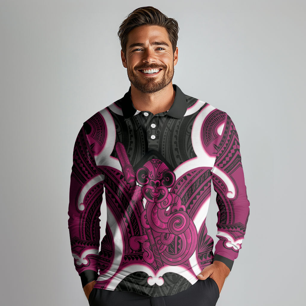 Mawhero Aotearoa Atua Tumatauenga Personalised Long Sleeve Polo Shirt Maori God Of War Tiki With Taiaha LT14 - Polynesian Pride