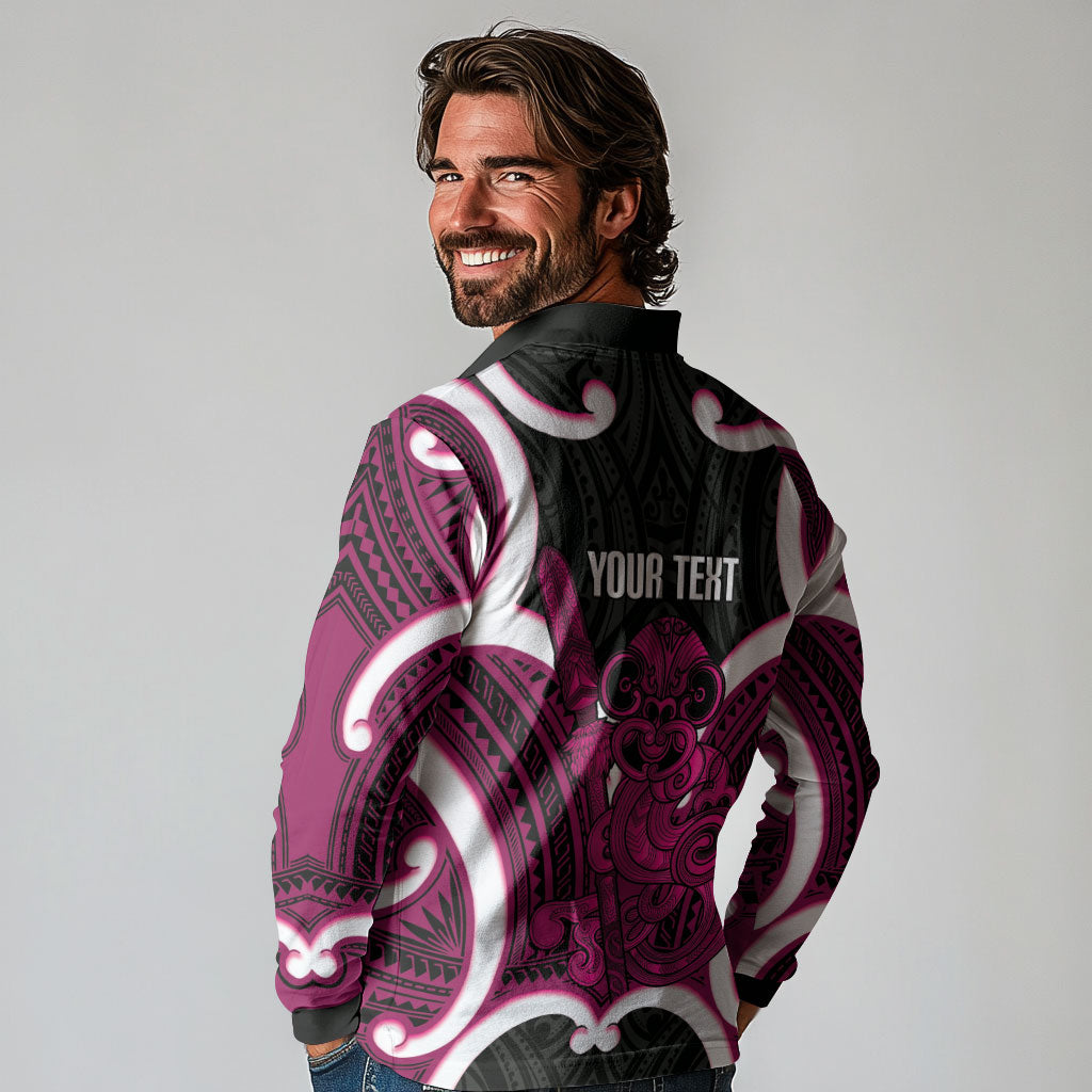 Mawhero Aotearoa Atua Tumatauenga Personalised Long Sleeve Polo Shirt Maori God Of War Tiki With Taiaha LT14 - Polynesian Pride