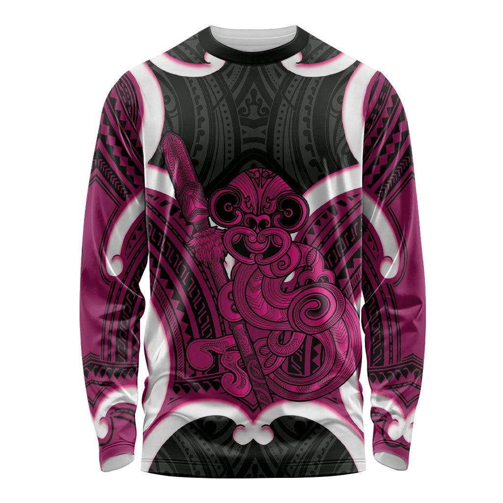 Mawhero Aotearoa Atua Tumatauenga Personalised Long Sleeve Shirt Maori God Of War Tiki With Taiaha LT14 Unisex Pink - Polynesian Pride