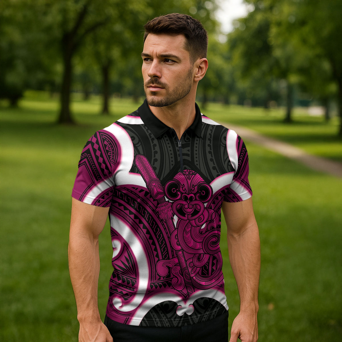 Mawhero Aotearoa Atua Tumatauenga Personalised Zipper Polo Shirt Maori God Of War Tiki With Taiaha LT14 - Polynesian Pride