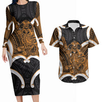 Karaka Aotearoa Atua Tumatauenga Personalised Couples Matching Long Sleeve Bodycon Dress and Hawaiian Shirt Maori God Of War Tiki With Taiaha LT14 Orange - Polynesian Pride
