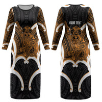 Karaka Aotearoa Atua Tumatauenga Personalised Couples Matching Long Sleeve Bodycon Dress and Hawaiian Shirt Maori God Of War Tiki With Taiaha LT14 - Polynesian Pride