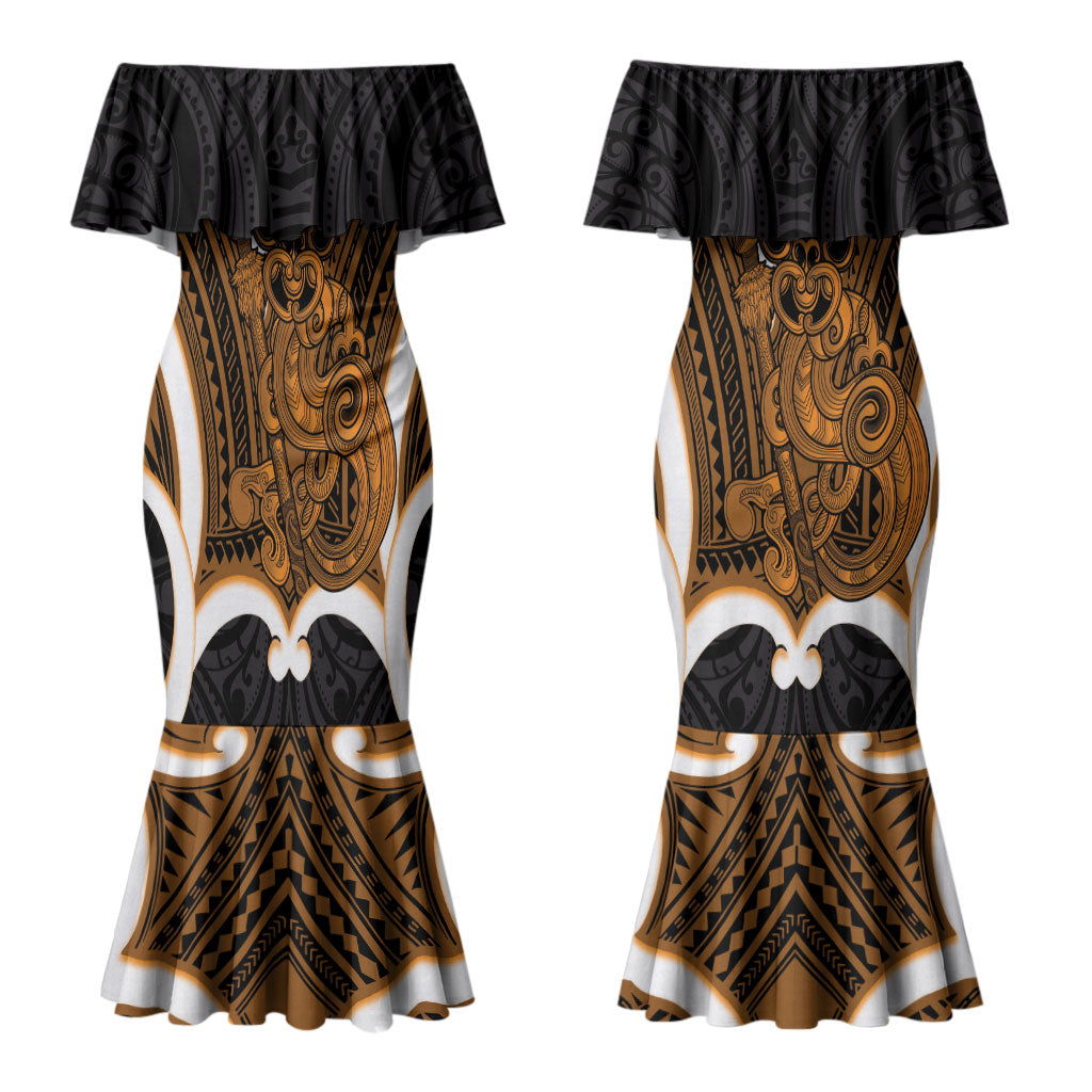 Karaka Aotearoa Atua Tumatauenga Personalised Couples Matching Mermaid Dress and Long Sleeve Button Shirt Maori God Of War Tiki With Taiaha LT14 - Polynesian Pride