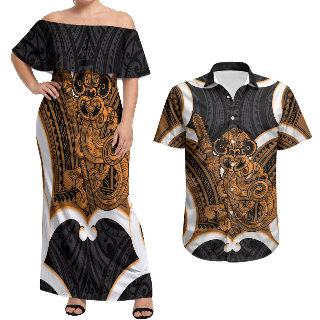 Karaka Aotearoa Atua Tumatauenga Personalised Couples Matching Off Shoulder Maxi Dress and Hawaiian Shirt Maori God Of War Tiki With Taiaha LT14 Orange - Polynesian Pride