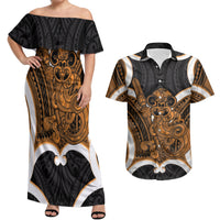 Karaka Aotearoa Atua Tumatauenga Personalised Couples Matching Off Shoulder Maxi Dress and Hawaiian Shirt Maori God Of War Tiki With Taiaha LT14 Orange - Polynesian Pride