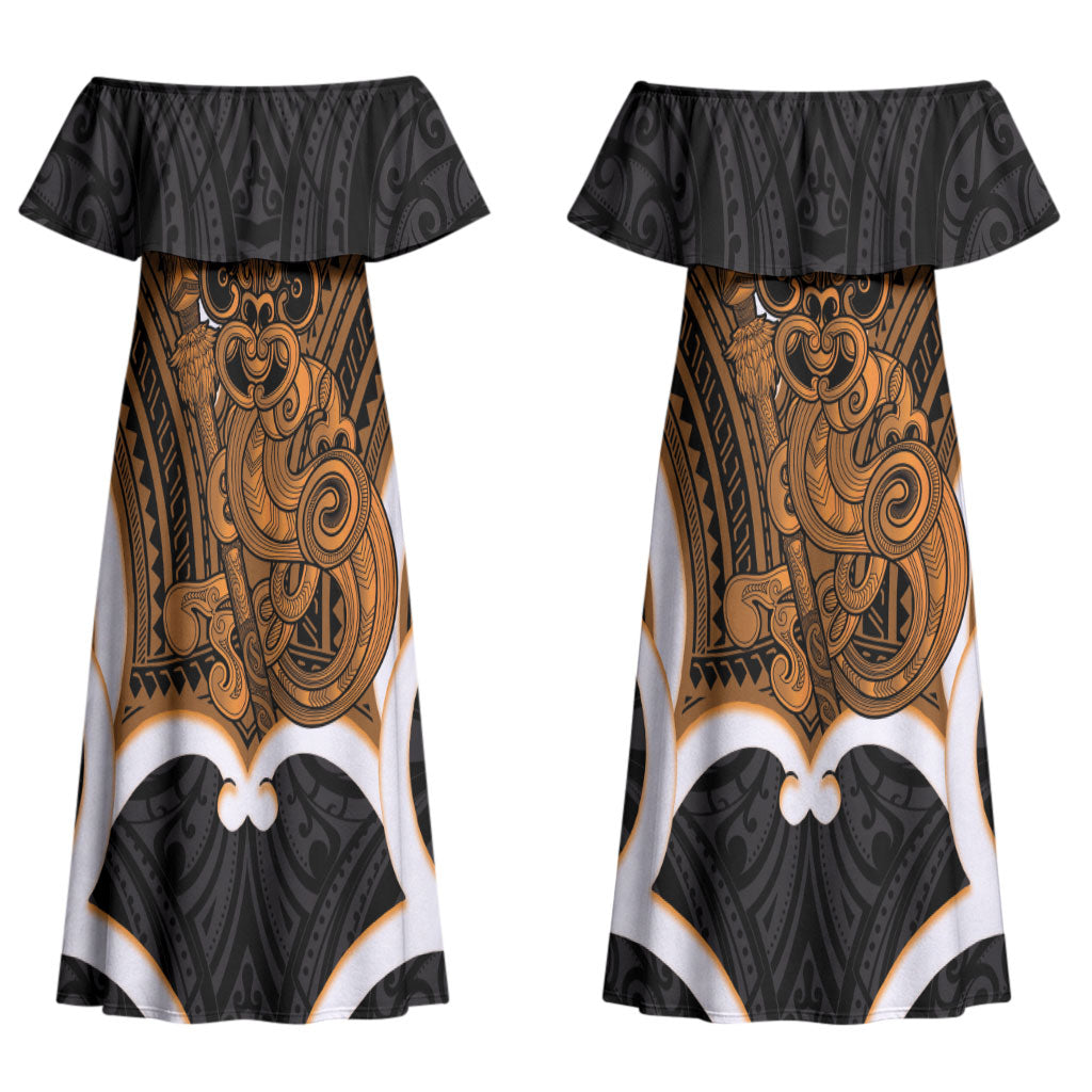 Karaka Aotearoa Atua Tumatauenga Personalised Couples Matching Off Shoulder Maxi Dress and Hawaiian Shirt Maori God Of War Tiki With Taiaha LT14 - Polynesian Pride