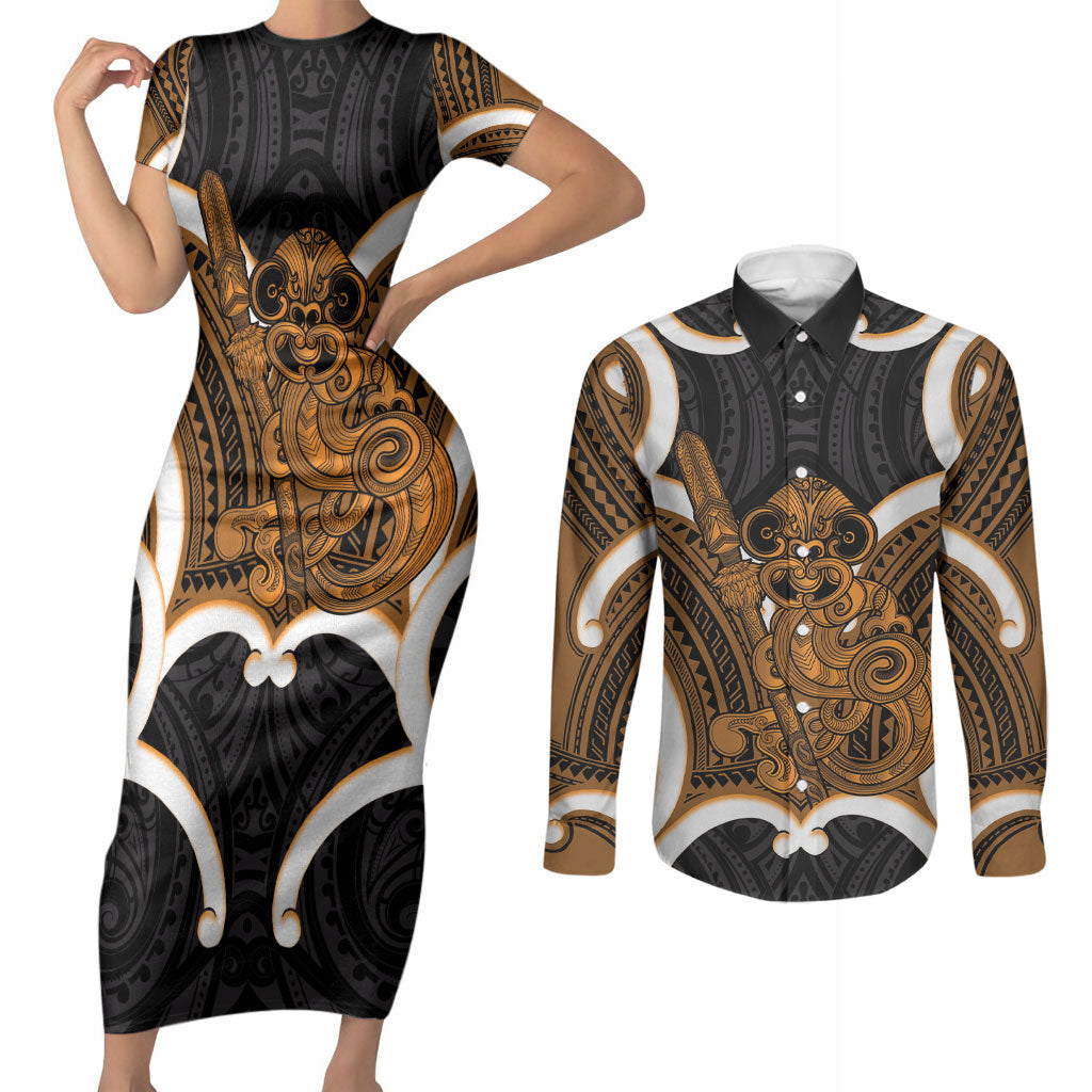 Karaka Aotearoa Atua Tumatauenga Personalised Couples Matching Short Sleeve Bodycon Dress and Long Sleeve Button Shirt Maori God Of War Tiki With Taiaha LT14 Orange - Polynesian Pride