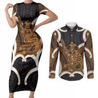 Karaka Aotearoa Atua Tumatauenga Personalised Couples Matching Short Sleeve Bodycon Dress and Long Sleeve Button Shirt Maori God Of War Tiki With Taiaha LT14 Orange - Polynesian Pride