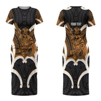 Karaka Aotearoa Atua Tumatauenga Personalised Couples Matching Short Sleeve Bodycon Dress and Long Sleeve Button Shirt Maori God Of War Tiki With Taiaha LT14 - Polynesian Pride
