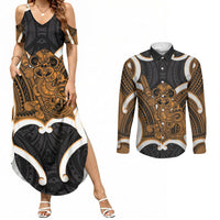 Karaka Aotearoa Atua Tumatauenga Personalised Couples Matching Summer Maxi Dress and Long Sleeve Button Shirt Maori God Of War Tiki With Taiaha LT14 Orange - Polynesian Pride