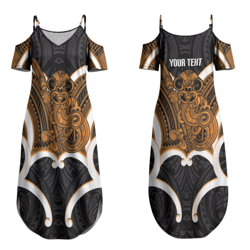 Karaka Aotearoa Atua Tumatauenga Personalised Couples Matching Summer Maxi Dress and Long Sleeve Button Shirt Maori God Of War Tiki With Taiaha LT14 - Polynesian Pride