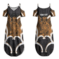 Karaka Aotearoa Atua Tumatauenga Personalised Couples Matching Summer Maxi Dress and Long Sleeve Button Shirt Maori God Of War Tiki With Taiaha LT14 - Polynesian Pride