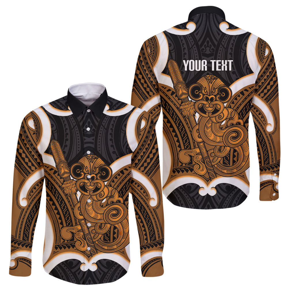 Karaka Aotearoa Atua Tumatauenga Personalised Family Matching Tank Maxi Dress and Hawaiian Shirt Maori God Of War Tiki With Taiaha LT14 Dad's Shirt - Long Sleeve Orange - Polynesian Pride