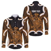 Karaka Aotearoa Atua Tumatauenga Personalised Family Matching Tank Maxi Dress and Hawaiian Shirt Maori God Of War Tiki With Taiaha LT14 Dad's Shirt - Long Sleeve Orange - Polynesian Pride
