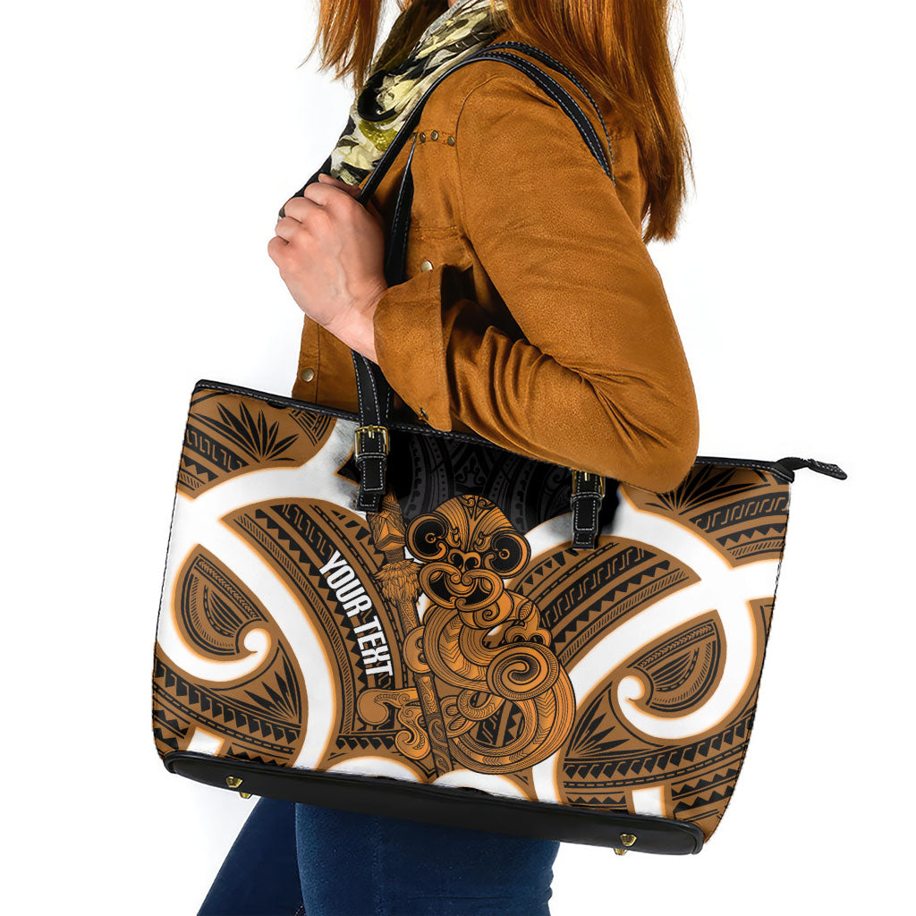 Karaka Aotearoa Atua Tumatauenga Personalised Leather Tote Bag Maori God Of War Tiki With Taiaha