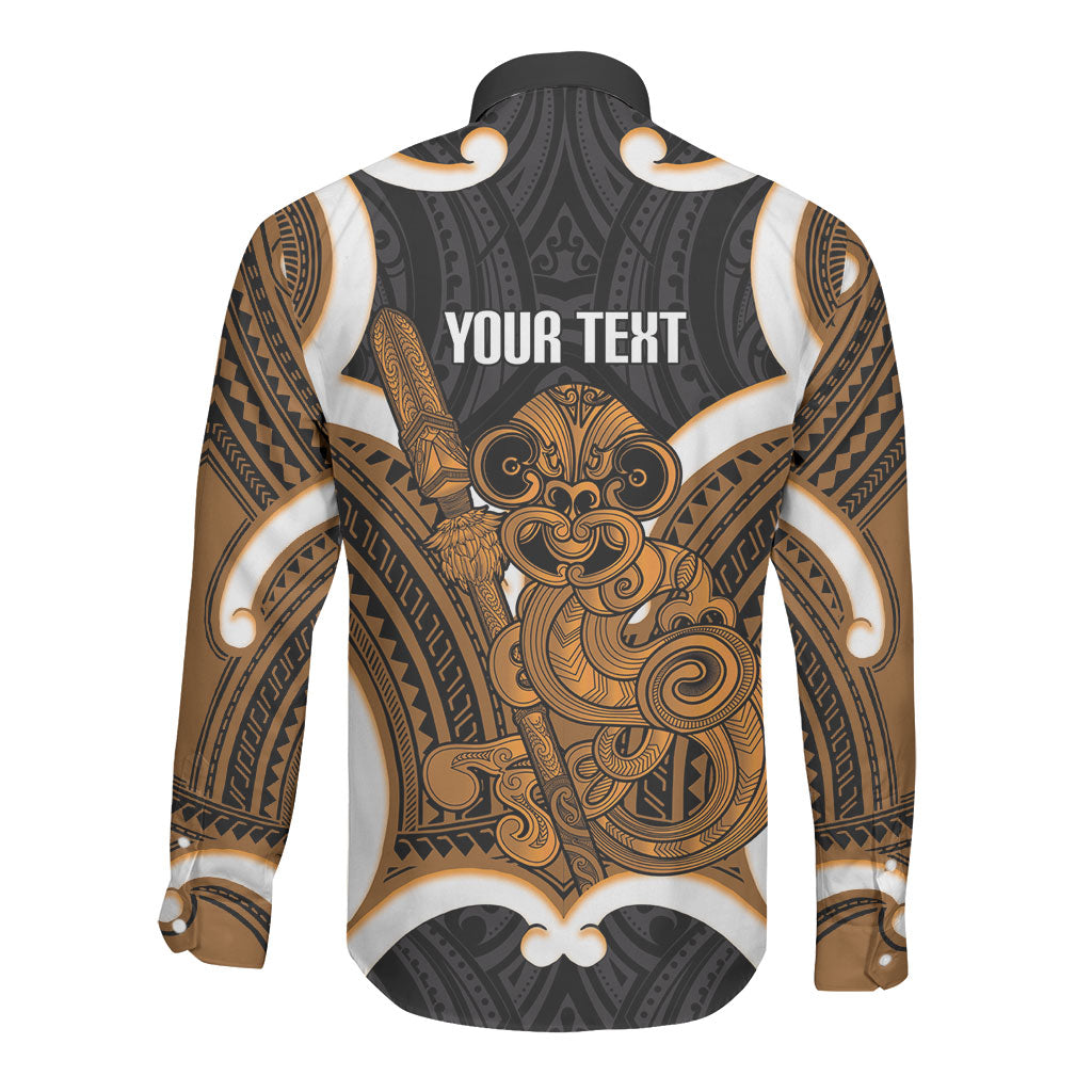 Karaka Aotearoa Atua Tumatauenga Personalised Long Sleeve Button Shirt Maori God Of War Tiki With Taiaha LT14 - Polynesian Pride