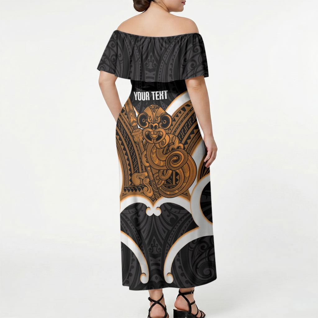 Karaka Aotearoa Atua Tumatauenga Personalised Off Shoulder Maxi Dress Maori God Of War Tiki With Taiaha