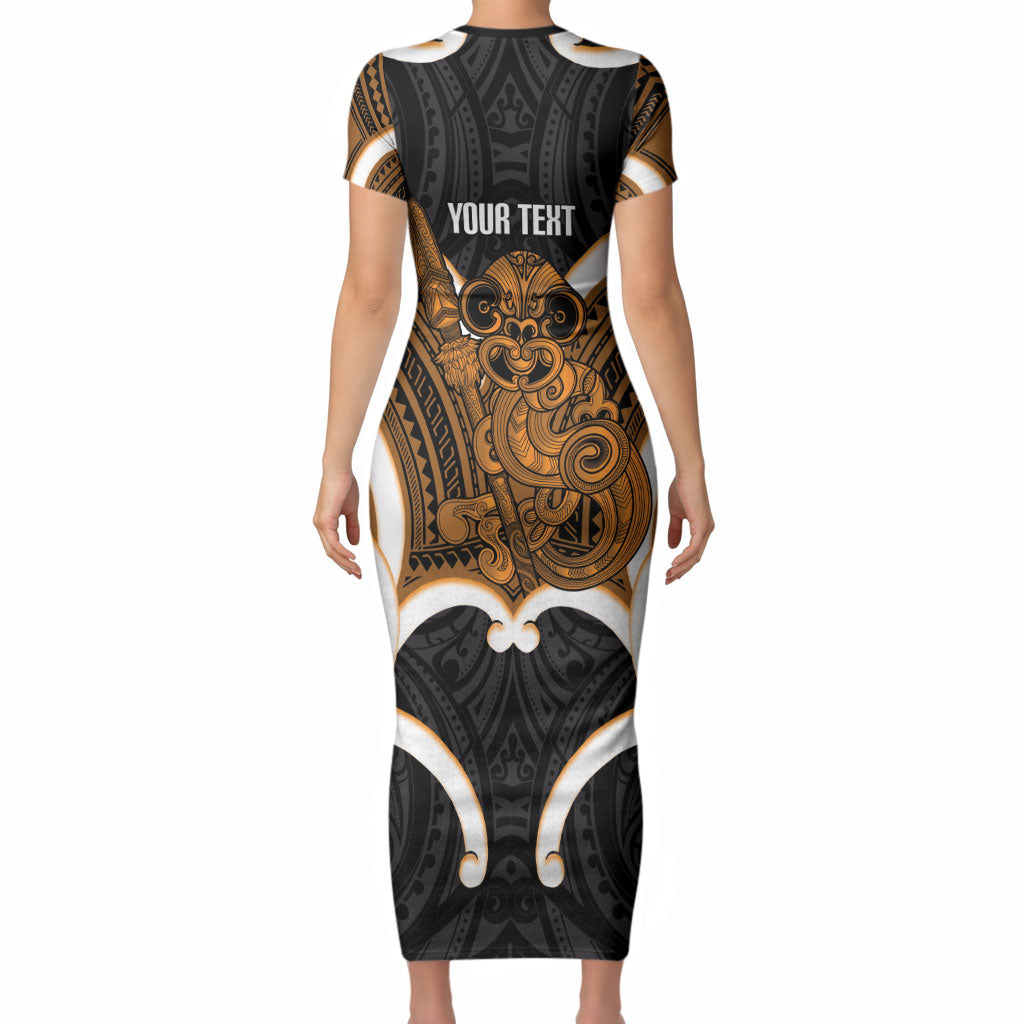 Karaka Aotearoa Atua Tumatauenga Personalised Short Sleeve Bodycon Dress Maori God Of War Tiki With Taiaha LT14 - Polynesian Pride