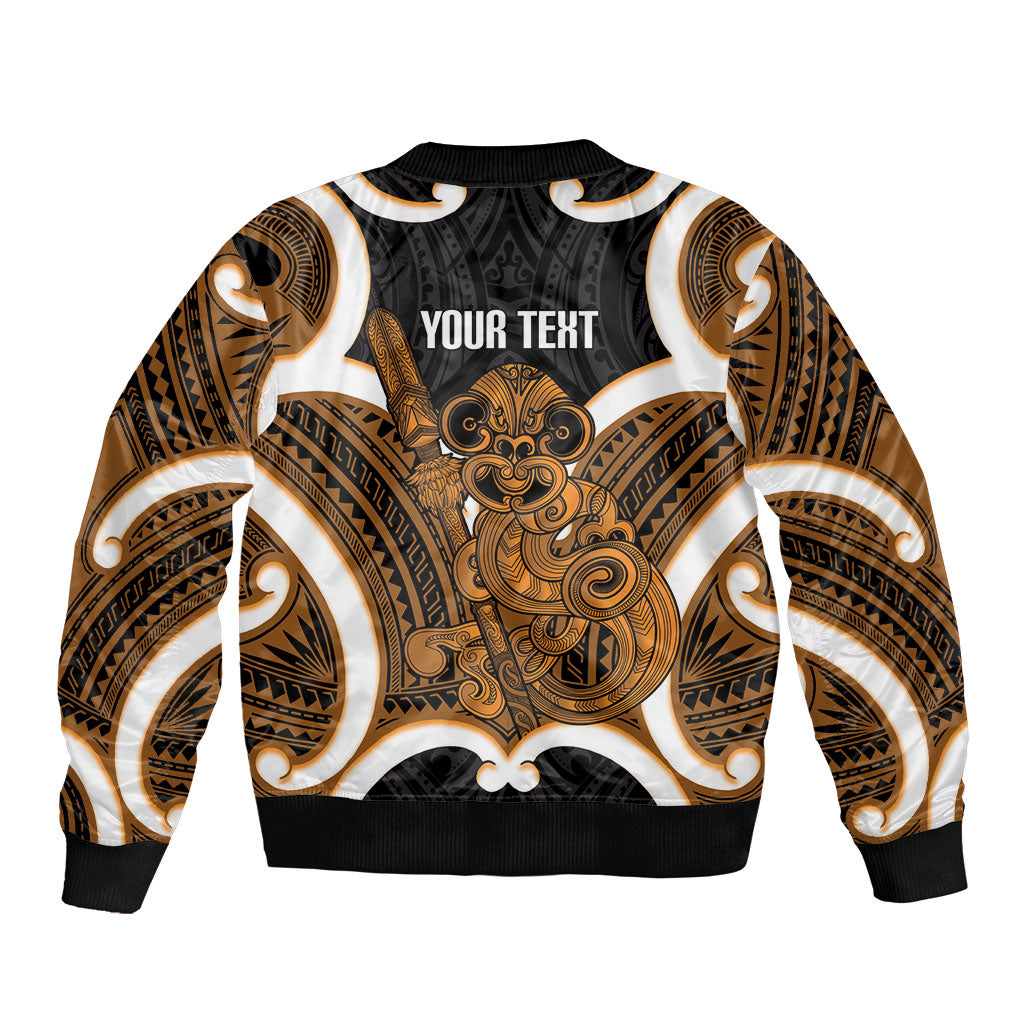 Karaka Aotearoa Atua Tumatauenga Personalised Sleeve Zip Bomber Jacket Maori God Of War Tiki With Taiaha LT14 - Polynesian Pride