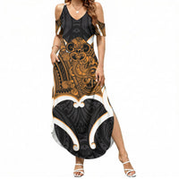 Karaka Aotearoa Atua Tumatauenga Personalised Summer Maxi Dress Maori God Of War Tiki With Taiaha LT14 Women Orange - Polynesian Pride