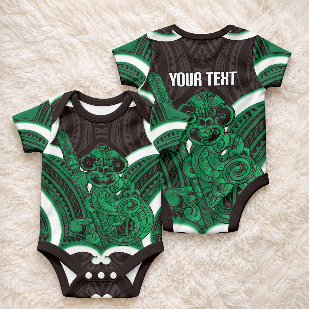 Kakariki Aotearoa Atua Tumatauenga Personalised Baby Onesie Maori God Of War Tiki With Taiaha