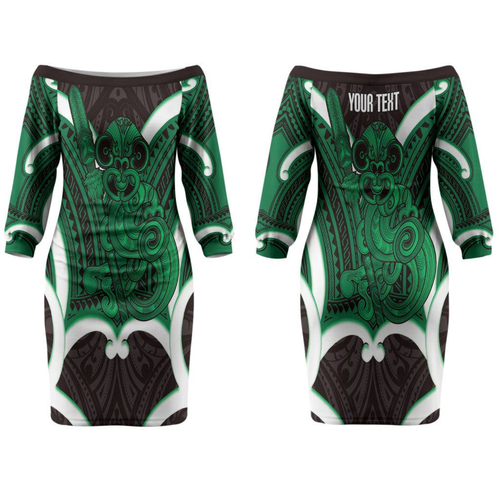 Kakariki Aotearoa Atua Tumatauenga Personalised Couples Matching Off The Shoulder Long Sleeve Dress and Hawaiian Shirt Maori God Of War Tiki With Taiaha LT14 - Polynesian Pride
