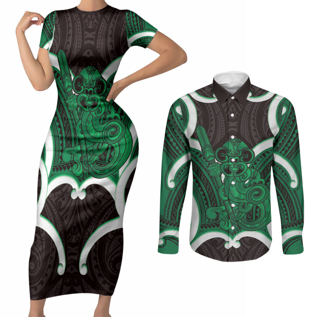 Kakariki Aotearoa Atua Tumatauenga Personalised Couples Matching Short Sleeve Bodycon Dress and Long Sleeve Button Shirt Maori God Of War Tiki With Taiaha