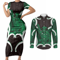 Kakariki Aotearoa Atua Tumatauenga Personalised Couples Matching Short Sleeve Bodycon Dress and Long Sleeve Button Shirt Maori God Of War Tiki With Taiaha