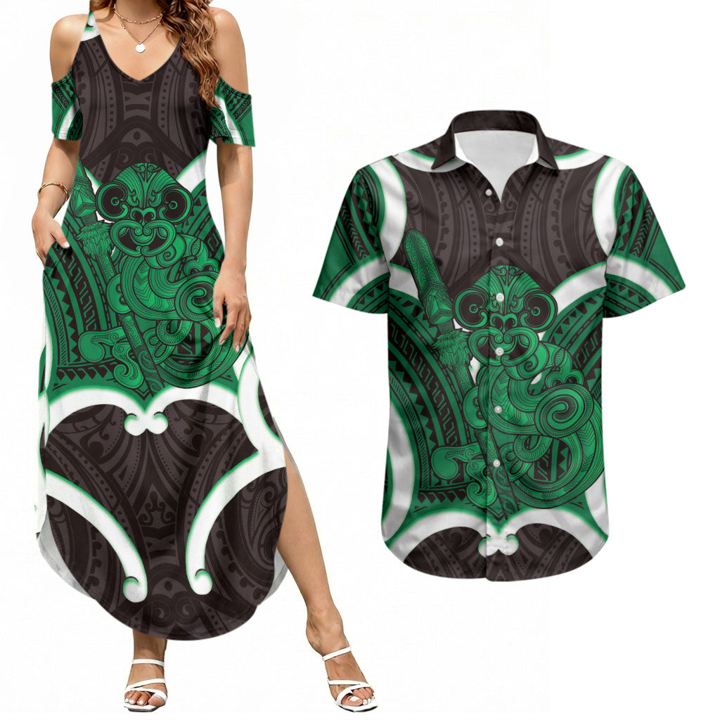 Kakariki Aotearoa Atua Tumatauenga Personalised Couples Matching Summer Maxi Dress and Hawaiian Shirt Maori God Of War Tiki With Taiaha LT14 Green - Polynesian Pride
