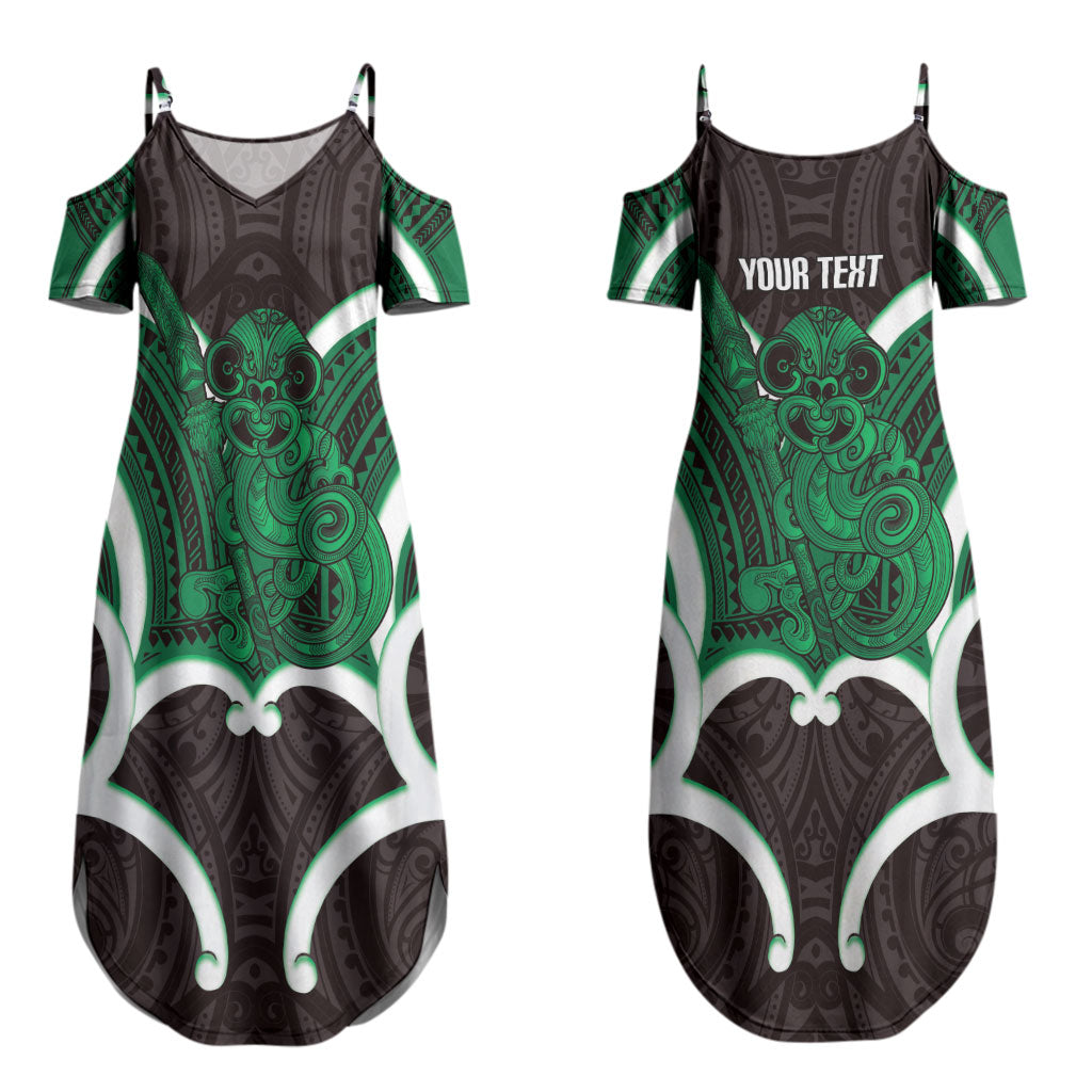 Kakariki Aotearoa Atua Tumatauenga Personalised Couples Matching Summer Maxi Dress and Long Sleeve Button Shirt Maori God Of War Tiki With Taiaha LT14 - Polynesian Pride