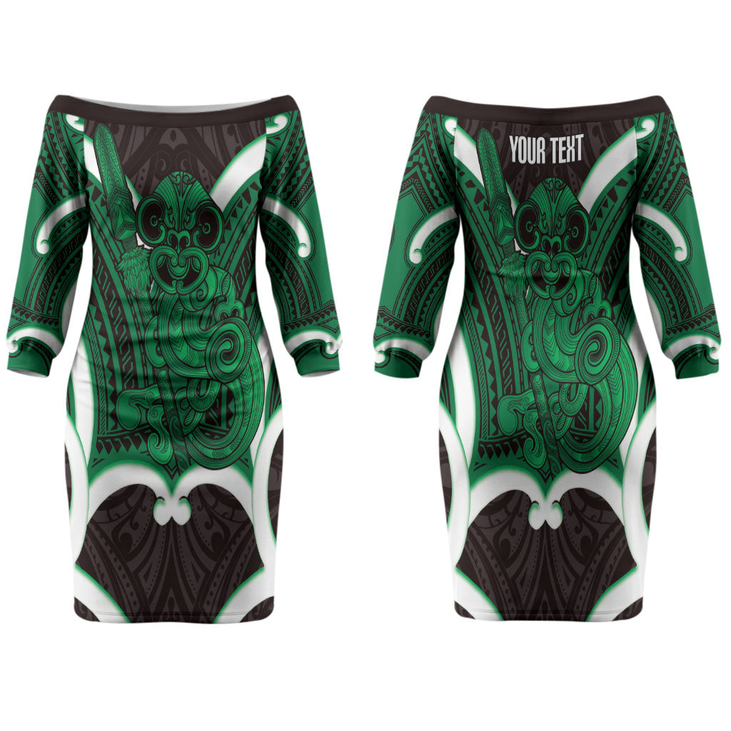 Kakariki Aotearoa Atua Tumatauenga Personalised Family Matching Off The Shoulder Long Sleeve Dress and Hawaiian Shirt Maori God Of War Tiki With Taiaha LT14 Mom's Dress Green - Polynesian Pride