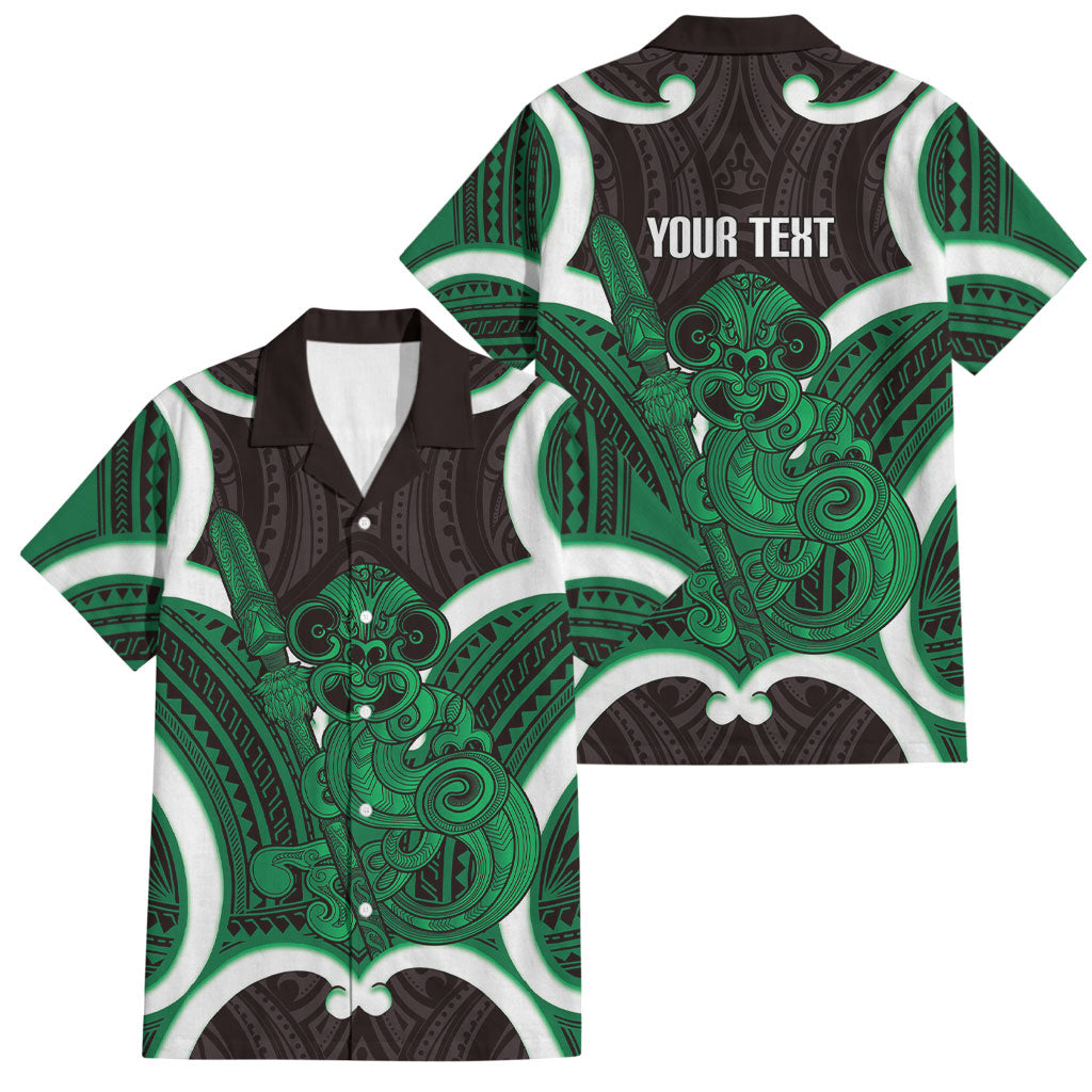 Kakariki Aotearoa Atua Tumatauenga Personalised Family Matching Off The Shoulder Long Sleeve Dress and Hawaiian Shirt Maori God Of War Tiki With Taiaha LT14 Dad's Shirt - Short Sleeve Green - Polynesian Pride