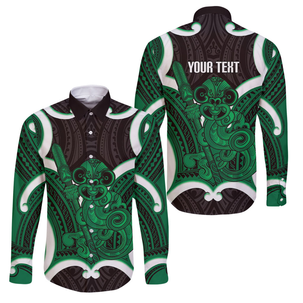 Kakariki Aotearoa Atua Tumatauenga Personalised Family Matching Off Shoulder Maxi Dress and Hawaiian Shirt Maori God Of War Tiki With Taiaha LT14 Dad's Shirt - Long Sleeve Green - Polynesian Pride
