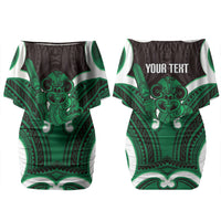 Kakariki Aotearoa Atua Tumatauenga Personalised Family Matching Off Shoulder Short Dress and Hawaiian Shirt Maori God Of War Tiki With Taiaha LT14 Mom's Dress Green - Polynesian Pride