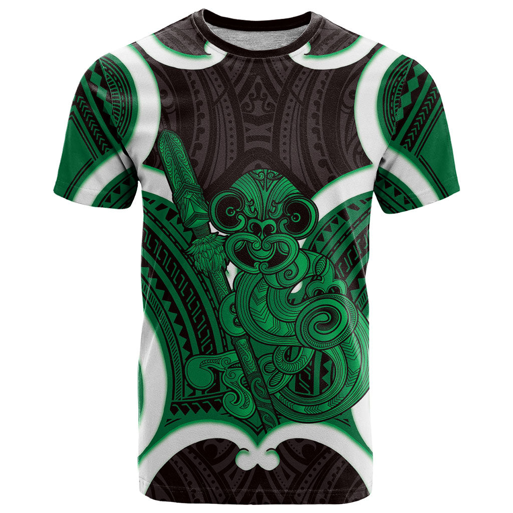 Kakariki Aotearoa Atua Tumatauenga Personalised T Shirt Maori God Of War Tiki With Taiaha LT14 Green - Polynesian Pride