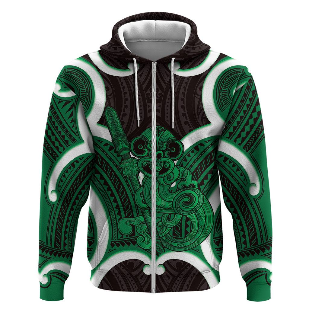 Kakariki Aotearoa Atua Tumatauenga Personalised Zip Hoodie Maori God Of War Tiki With Taiaha LT14 Zip Hoodie Green - Polynesian Pride