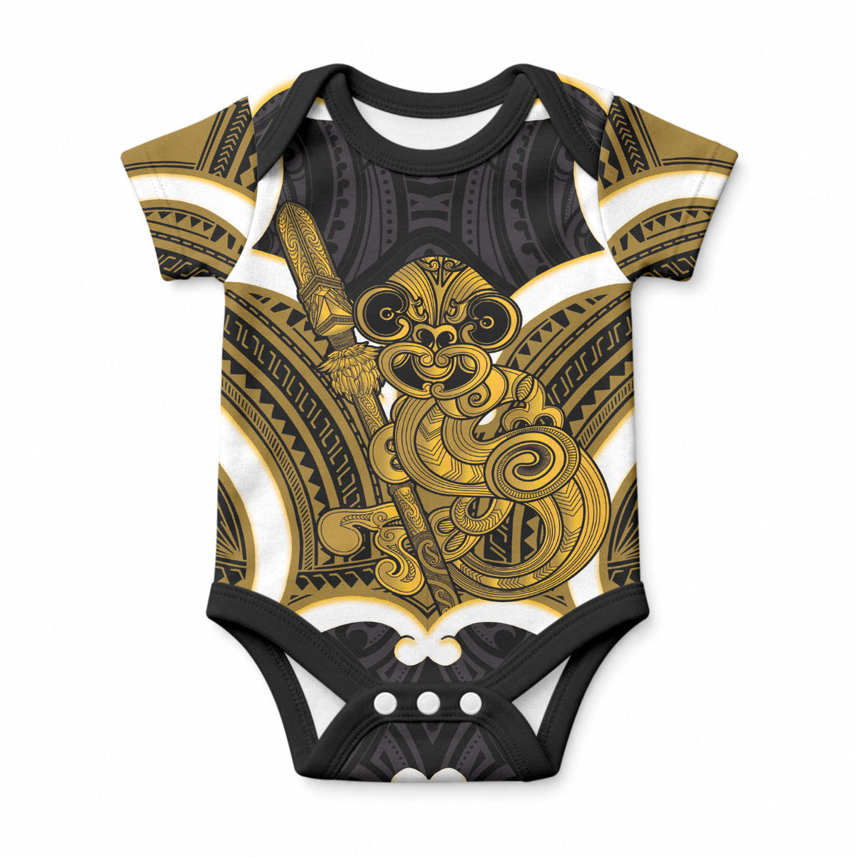 Kowhai Aotearoa Atua Tumatauenga Personalised Baby Onesie Maori God Of War Tiki With Taiaha