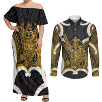 Kowhai Aotearoa Atua Tumatauenga Personalised Couples Matching Off Shoulder Maxi Dress and Long Sleeve Button Shirt Maori God Of War Tiki With Taiaha LT14 Yellow - Polynesian Pride