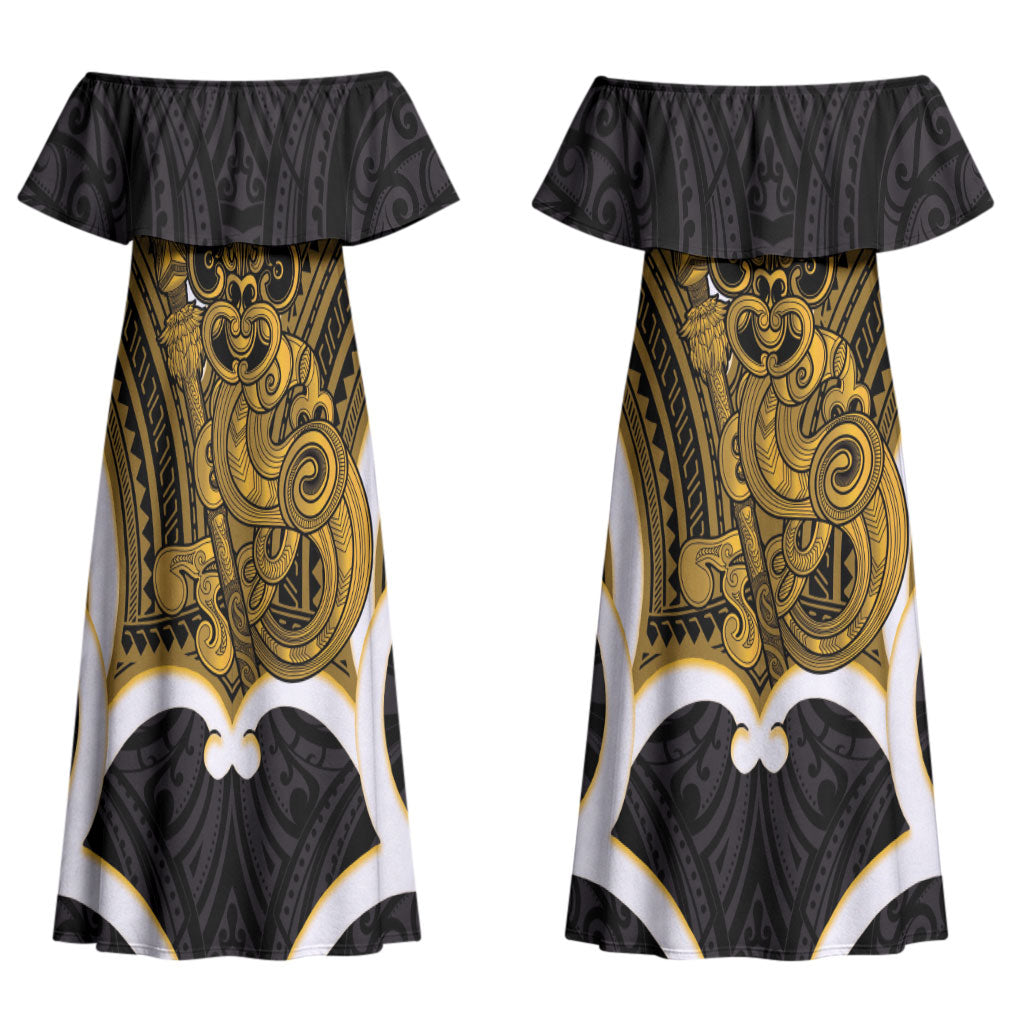 Kowhai Aotearoa Atua Tumatauenga Personalised Couples Matching Off Shoulder Maxi Dress and Long Sleeve Button Shirt Maori God Of War Tiki With Taiaha LT14 - Polynesian Pride