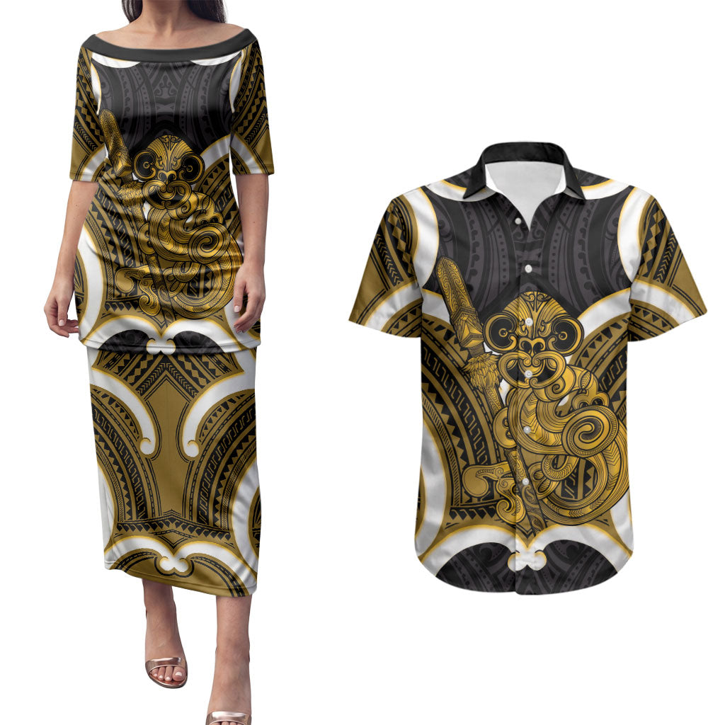 Kowhai Aotearoa Atua Tumatauenga Personalised Couples Matching Puletasi and Hawaiian Shirt Maori God Of War Tiki With Taiaha LT14 Yellow - Polynesian Pride