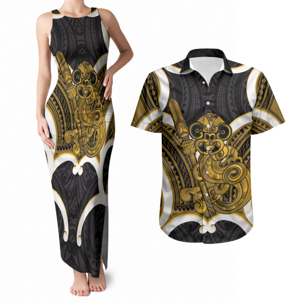 Kowhai Aotearoa Atua Tumatauenga Personalised Couples Matching Tank Maxi Dress and Hawaiian Shirt Maori God Of War Tiki With Taiaha LT14 Yellow - Polynesian Pride