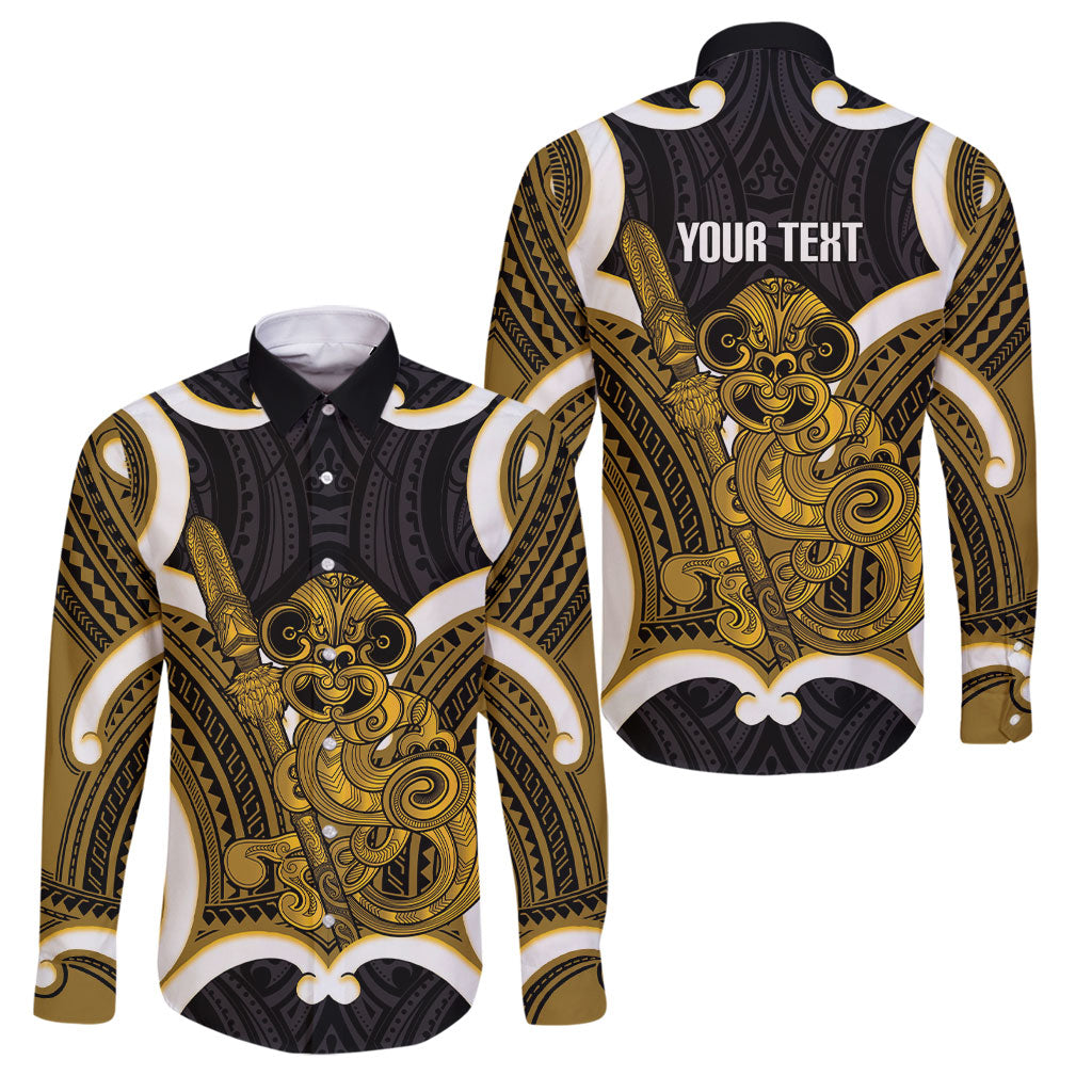 Kowhai Aotearoa Atua Tumatauenga Personalised Family Matching Puletasi and Hawaiian Shirt Maori God Of War Tiki With Taiaha LT14 Dad's Shirt - Long Sleeve Yellow - Polynesian Pride