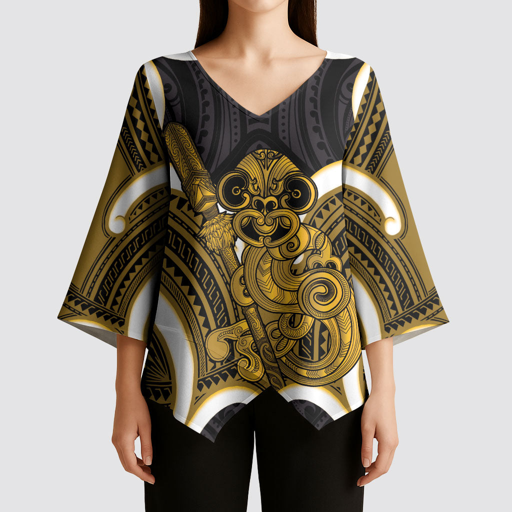 Kowhai Aotearoa Atua Tumatauenga Personalised Kimono Sleeve Blouse Maori God Of War Tiki With Taiaha LT14 - Polynesian Pride