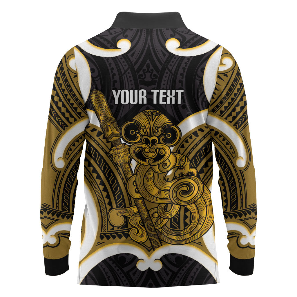 Kowhai Aotearoa Atua Tumatauenga Personalised Long Sleeve Polo Shirt Maori God Of War Tiki With Taiaha LT14 - Polynesian Pride