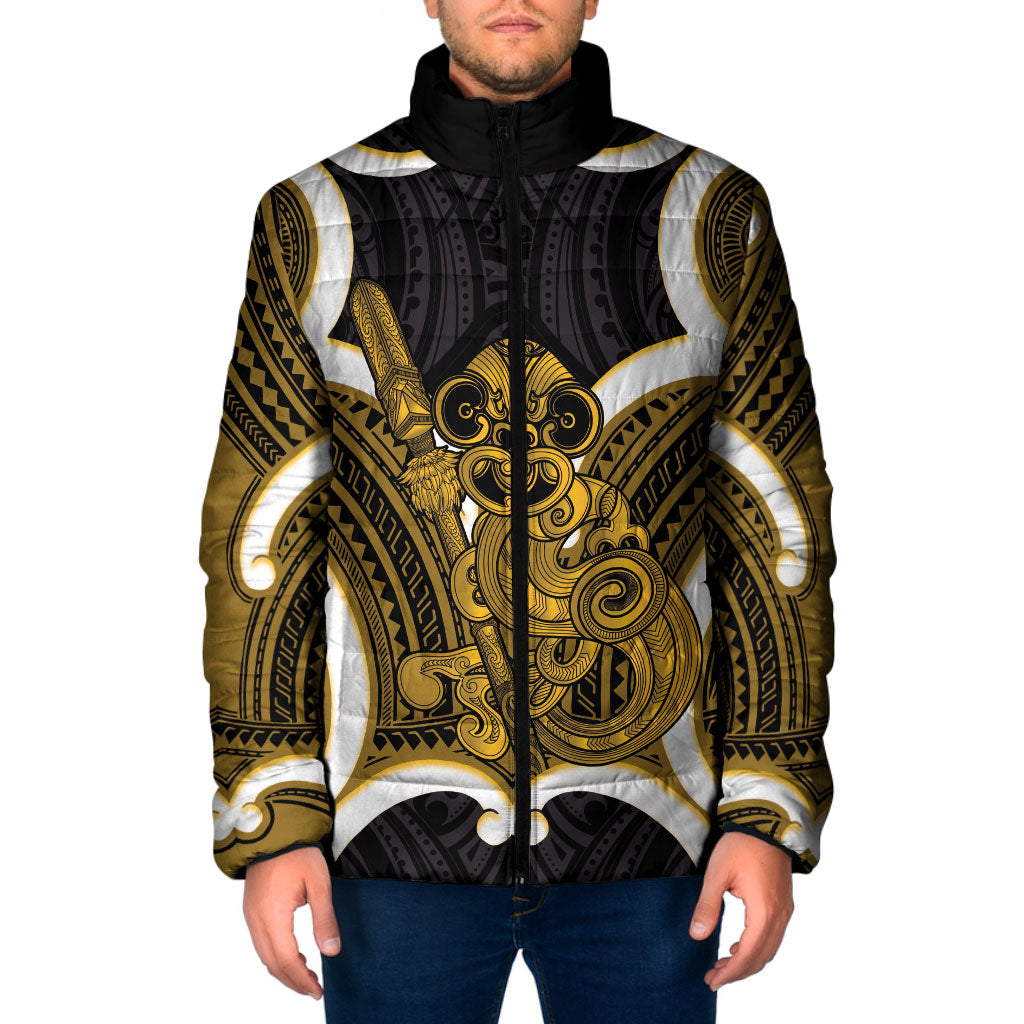 Kowhai Aotearoa Atua Tumatauenga Personalised Padded Jacket Maori God Of War Tiki With Taiaha LT14 Men Yellow - Polynesian Pride