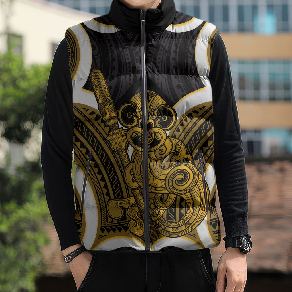 Kowhai Aotearoa Atua Tumatauenga Personalised Sleeveless Puffer Jacket Maori God Of War Tiki With Taiaha LT14 - Polynesian Pride