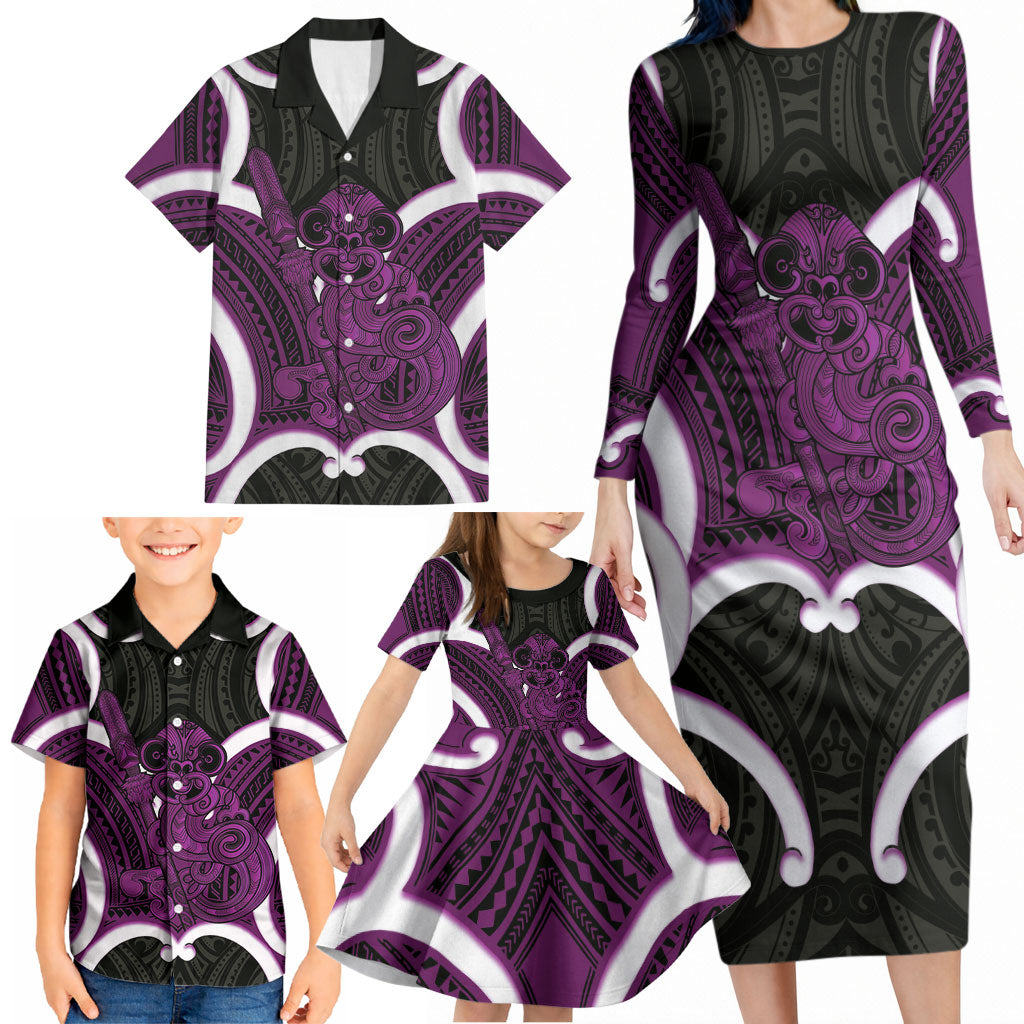 Waiporoporo Aotearoa Atua Tumatauenga Personalised Family Matching Long Sleeve Bodycon Dress and Hawaiian Shirt Maori God Of War Tiki With Taiaha